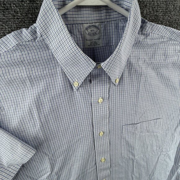 Brooks Brothers Short Sleeve Button-Down Non-Iron 16.5 Check Slim Cotton Blue - Picture 2 of 10